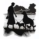 A tattoo design featuring a silhouette of a happy family walking on the beach with their dog, symbolizing love and contentment tattoo design idea