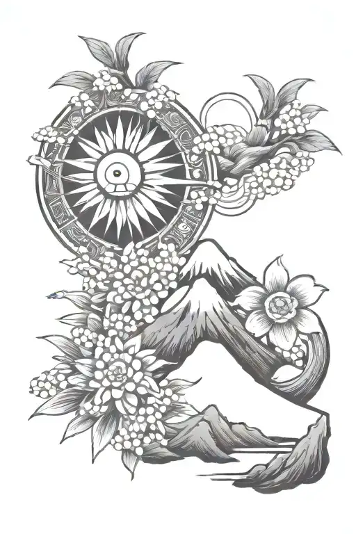 Filipino Sun with mountain and sampaguita flowers tattoo design idea