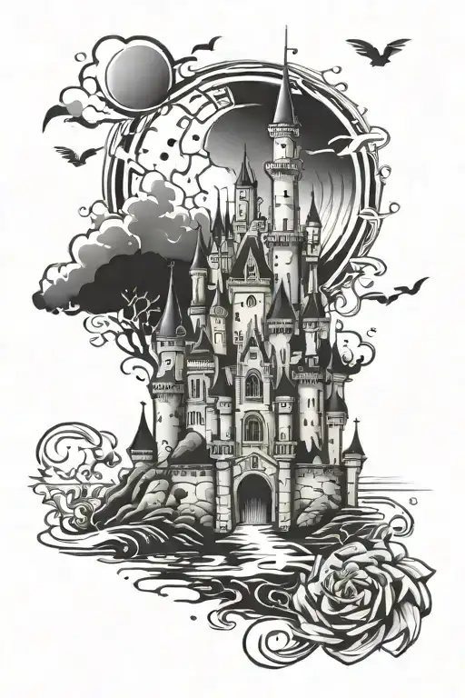 disney castle with sun tattoo design idea