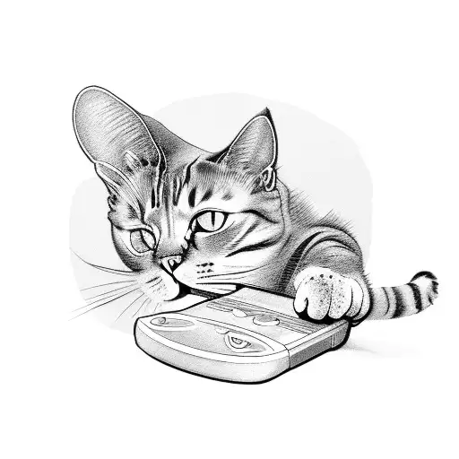 Cat playing a video game on a retro TV screen tattoo design idea