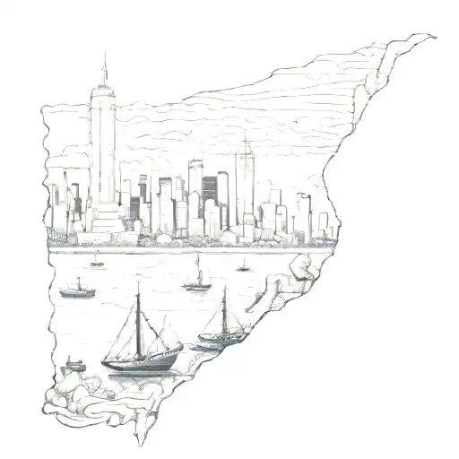 upper arm sleeve of the American frontier with a body of water leading into the nyc skyline tattoo design idea