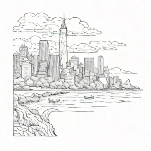 upper arm sleeve of the American frontier with a body of water leading into the nyc skyline tattoo design idea