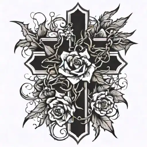 a cross with thorns wrapped around it, then the thorns go below the cross as if they were hanging and fade into flowers tattoo design idea