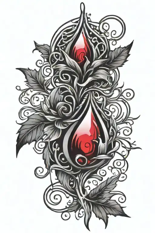 tattoo template of blood drop with thorny vines growing from bottom to the top twirling around the blood drop, black and tattoo design idea