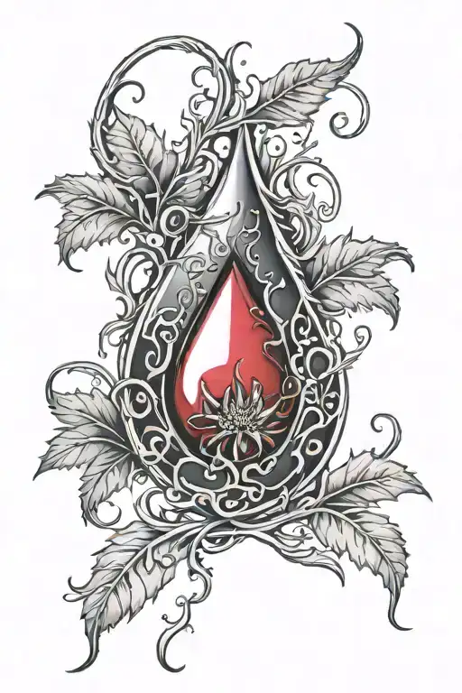 tattoo template of blood drop with thorny vines growing from bottom to the top twirling around the blood drop tattoo design idea