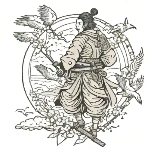 samurai warrior with ravens flying and sakura tree tattoo design idea