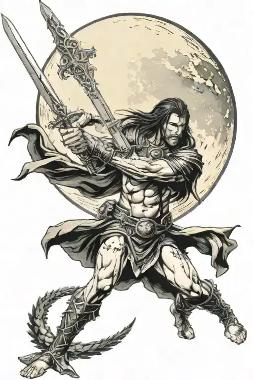 A fierce warrior holding a sword with blood dripping from it, standing under a full moon with an angelic figure in the background tattoo design idea