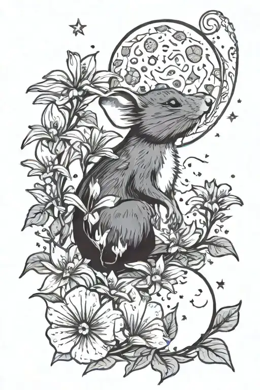 dumbo rat looking at moon with chicory flowers tattoo design idea