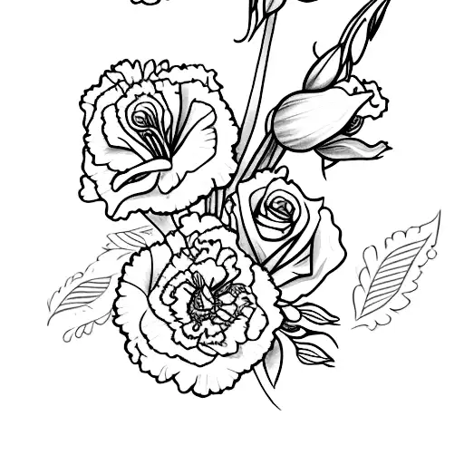 flower Bouget with carnation, violet, rose and gladiolus tattoo design idea