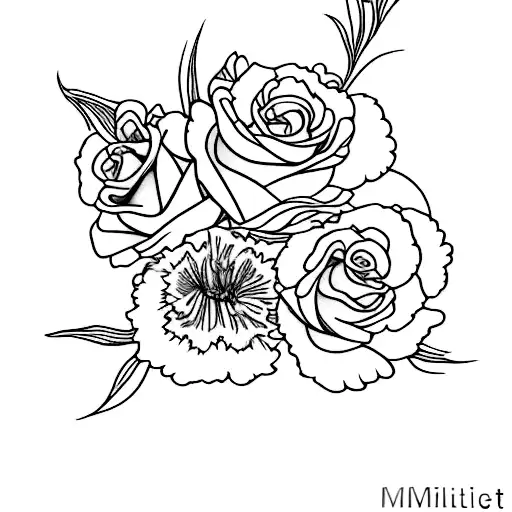 flower Bouget from the side with carnation, violet, rose and gladiolus tattoo design idea