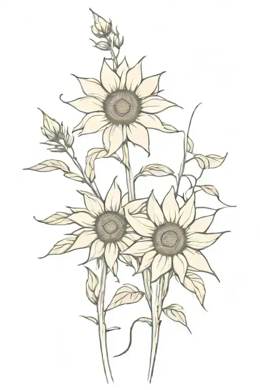 2 sunflowers blooming with olive trees silhouette in the background, olive tree branches. dotted style tattoo design idea