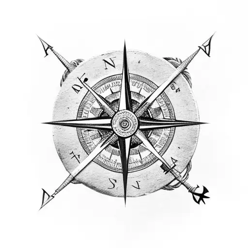 norse compass broken and weathered held up by thors hammer and odins spear tattoo design idea