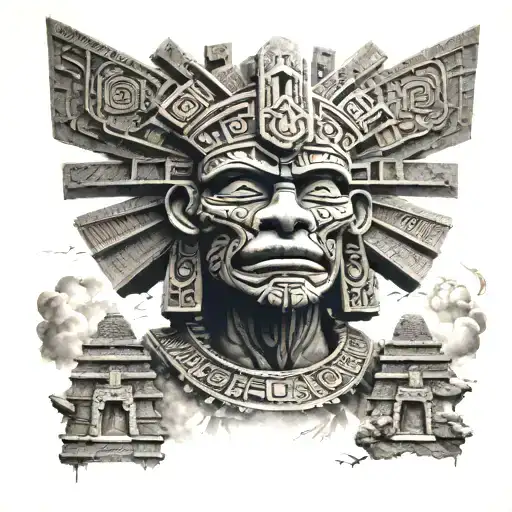 Tlaloc with a storm in the background and some Aztec pyramids tattoo design idea