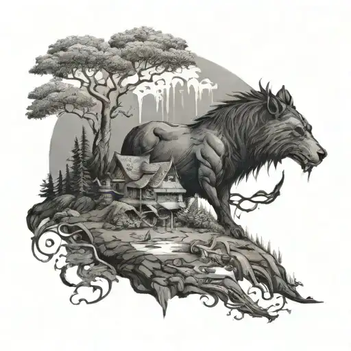 Illustrate a scene from a pen and paper game with fantasy creatures and landscapes, done in a dotwork style for a unique look tattoo design idea