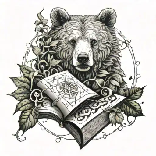 ivy vine twisted around a book and compass with a bear tattoo design idea