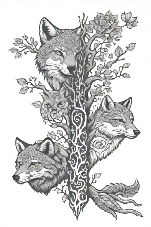 Fox, Owl, Wolf, Bear totem pole tree tattoo design idea