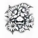 Skull with daisies tattoo design idea