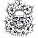 Skull with daisies tattoo design idea