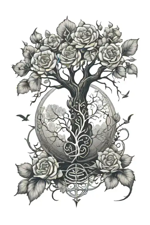 Flowers, tree, sun, vikings runes back tattoo tattoo design idea