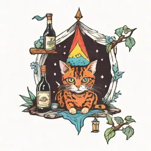 A whimsical fusion of a cat, a camping tent, and a wine bottle in a fantasy landscape tattoo design idea