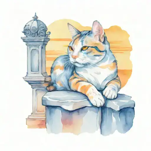 A cat sitting atop a stone monument with a sunset background tattoo design idea