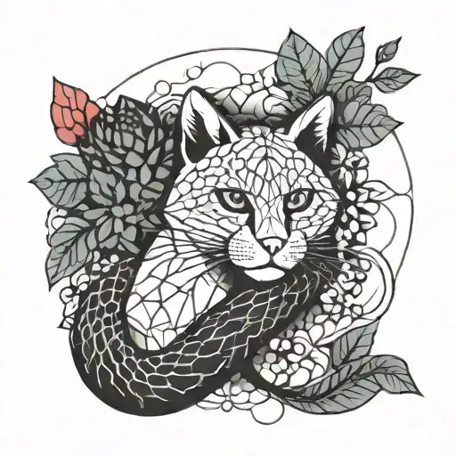 flowers, snake, berries, cat tattoo design idea