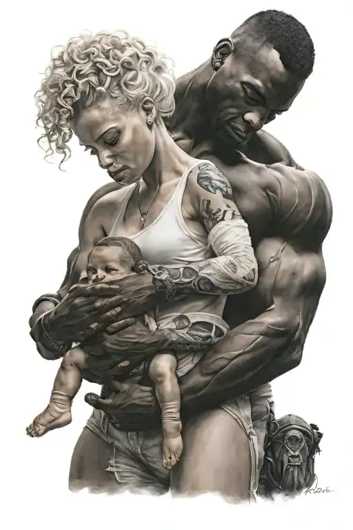 black muscular man holding white blonde woman holding black baby tattoo design idea