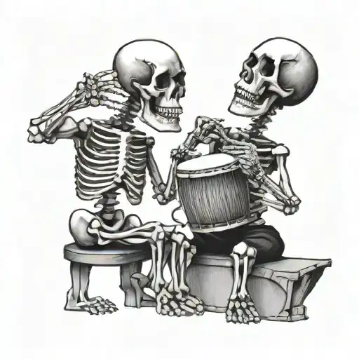 2 skeleton best friends playing bongos percussion tattoo design idea