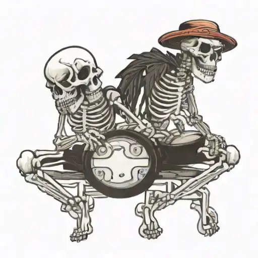 2 skeleton best friends playing bongos percussion tattoo design idea
