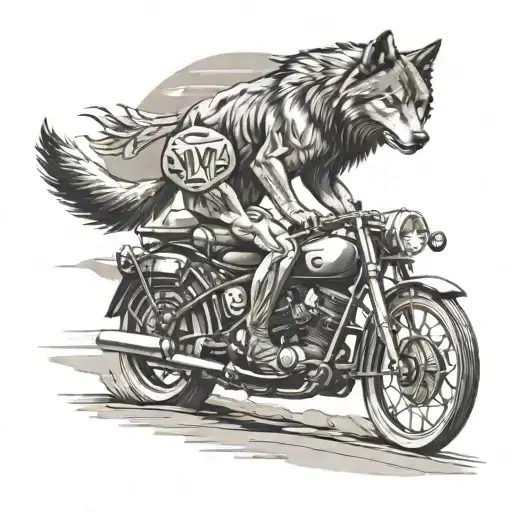 A majestic wolf leading a pack of motorcycles through a desert landscape tattoo design idea