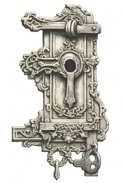 A old door with a broken key on the end tattoo design idea
