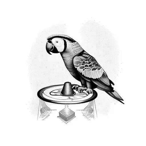 A Brazilian parrot perched on a cocktail shaker, with a background of lush rainforest tattoo design idea