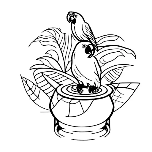 A Brazilian parrot perched on a cocktail shaker, with a background of lush rainforest tattoo design idea