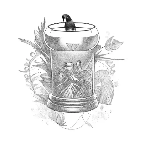 A Brazilian parrot perched on a cocktail shaker, with a background of lush rainforest tattoo design idea