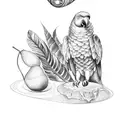 A Brazilian parrot perched on a cocktail shaker, with a background of lush rainforest tattoo design idea