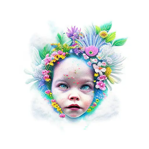 kid protected by divinity and flowers tattoo design idea