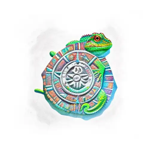petrified chameleon on aztec stone  tattoo design idea