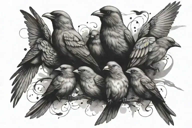 family of 5 birds, 3 flying away tattoo design idea
