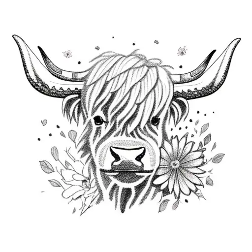 highland cow with flowers tattoo design idea