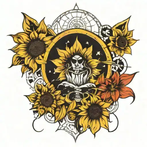 tarot cards, sunflowers, lily's, witchy things, geometric patterns tattoo design idea