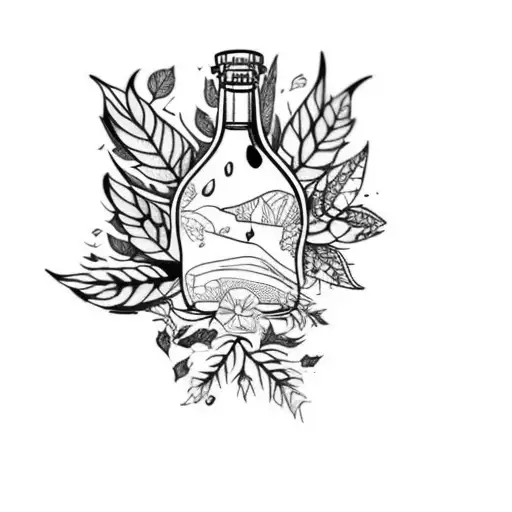 a bottle with botanical leaves on it tattoo design idea