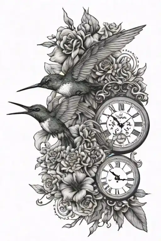 two hummingbirds drinking from June and December flowers and wooden clocks with time set to 12:10 and 6:29 tattoo design idea