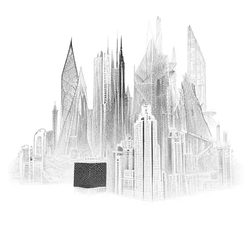 An intricate tattoo design of a city skyline made up of various construction materials and tools, representing the client's passion for civil engineering. tattoo design idea