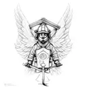 A guardian angel holding a firefighter axe tattoo design idea