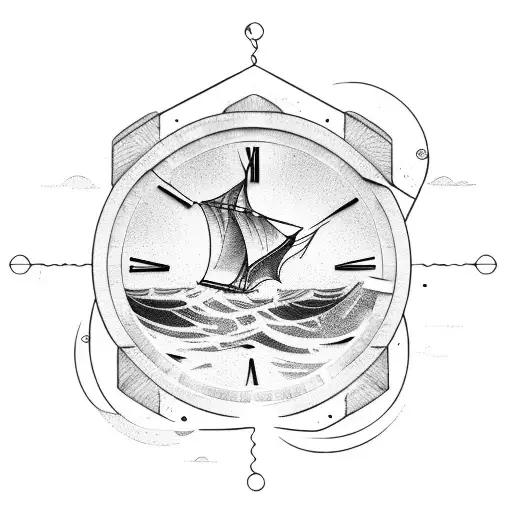 broken clock, sailing ship and waves, connect them all in a sleeve tattoo design idea