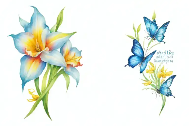 2 daffodils, 1 narccisus, 1 butterfly, quote "Hold tightly to that which you Cherish" arm wrap for forearm  tattoo design idea