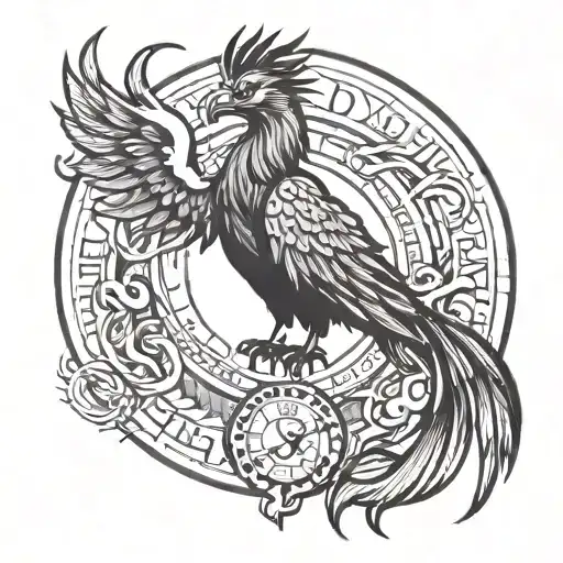 black ink phoenix tattoo with Roman numerals with circle emblem flat tattoo design idea