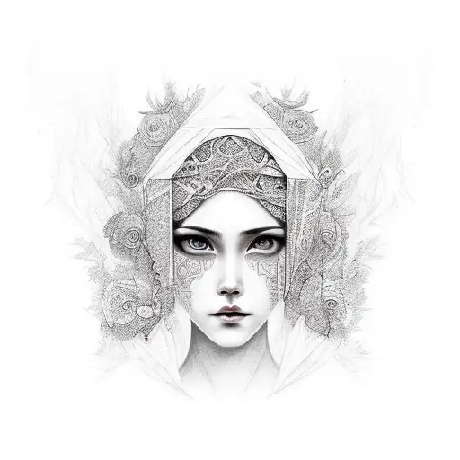 a woman's face is mostly covered by the ethnic piece of clothing tattoo design idea