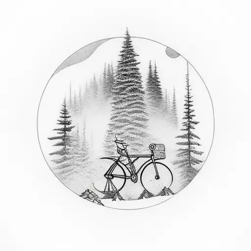 nighttime mountain forest with bicycle  tattoo design idea