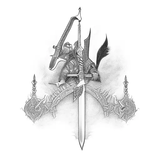 3 sword, crossing at handal, midevillooking  tattoo design idea